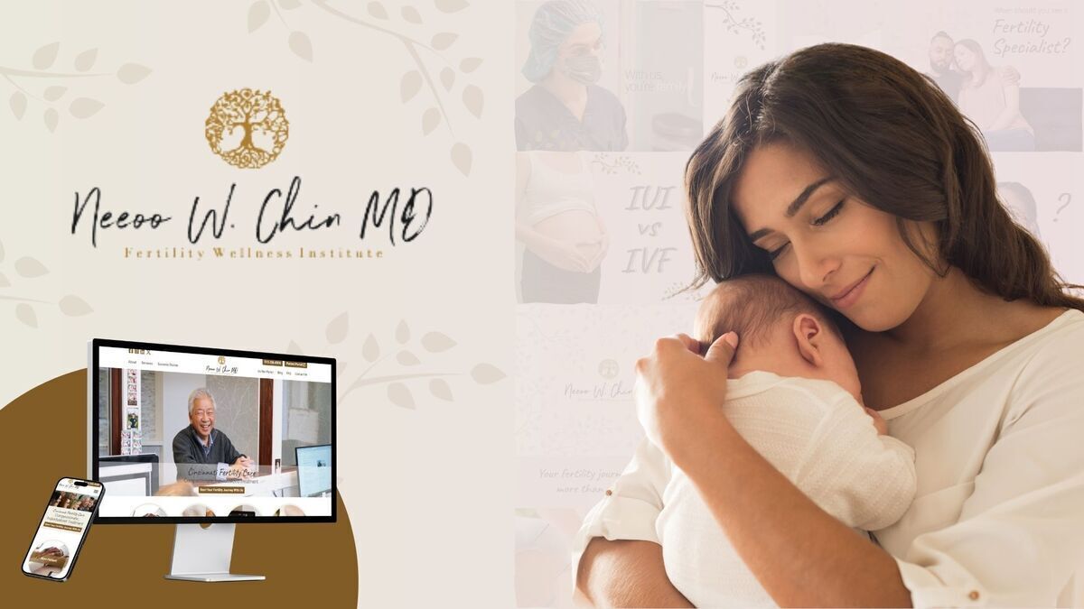 Neeoo W. Chin, MD. logo with website on computer and phone and woman holding baby